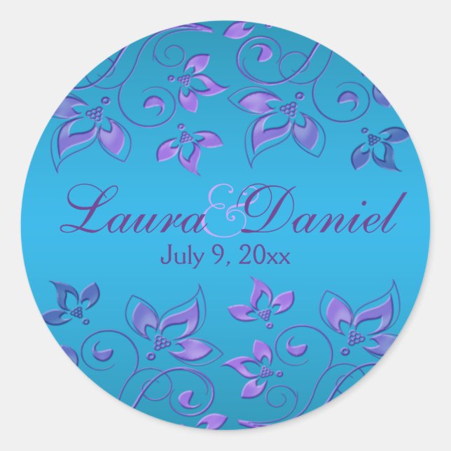 Purple and Blue Floral 1.5" Round Wedding Sticker (Front)