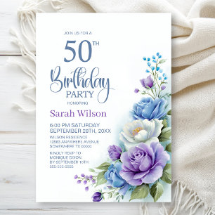 Purple and Blue Floral 50th Birthday Party Invitation