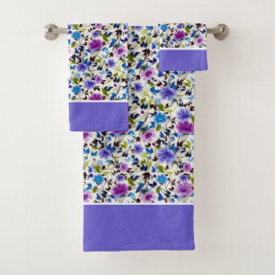 Purple and blue floral bath towel set
