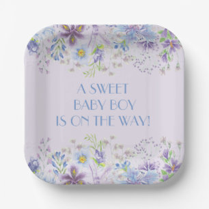 Purple and Blue Floral Boy Shower  Paper Plate