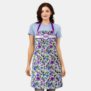 Purple and blue floral personalized apron