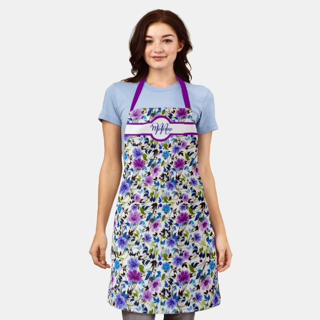 Purple and blue floral personalized apron (Worn)
