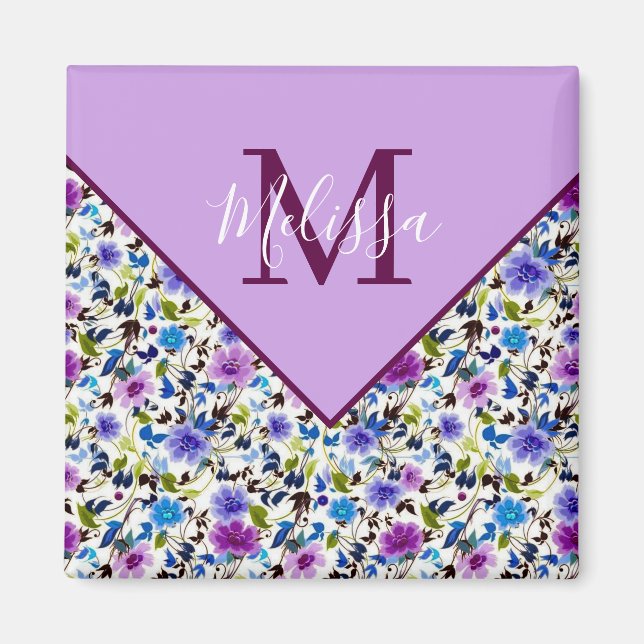 Purple and blue floral personalized  magnet (Front)