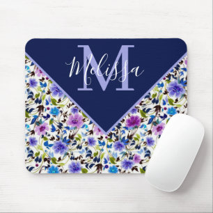 Purple and blue floral personalized mouse pad