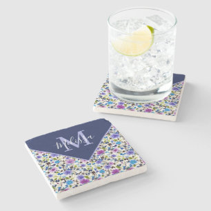 Purple and blue floral personalized stone coaster