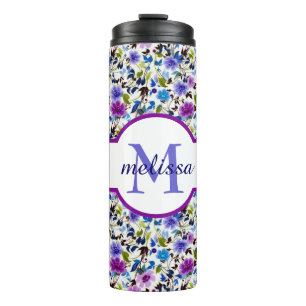 Purple and blue floral personalized thermal tumble tumbler