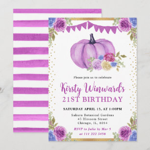 Purple and Blue Floral Pumpkins Fall 21st Birthday Invitation