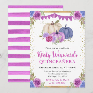 Purple and Blue Floral Pumpkins Fall Quinceanera Invitation
