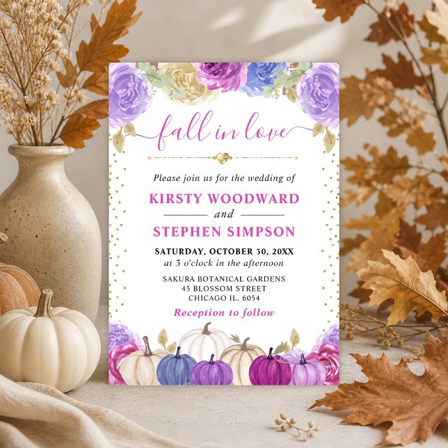 Purple and Blue Floral Pumpkins Fall Wedding Invitation (Creator Uploaded)