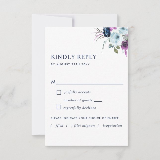 Purple and Blue Floral w/without Meal Options RSVP Card (Front)