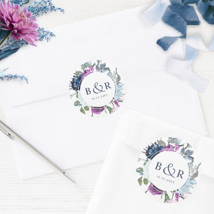 Purple and Blue Floral Wedding Envelope / Favor Classic Round Sticker