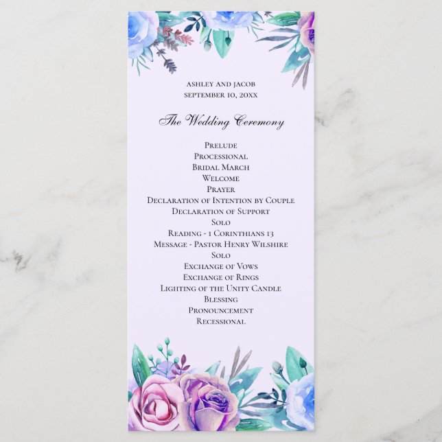 Purple and blue floral wedding. Watercolor flowers Program (Front)