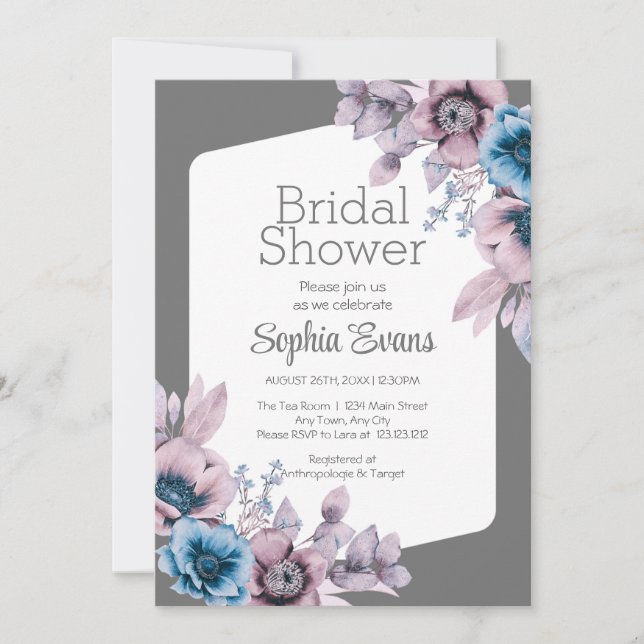 Purple and Blue Flowers Grey Bridal Shower Invitation (Front)