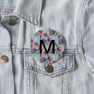 Purple and Blue Flowers Squares Zigzags 3 Inch Round Button