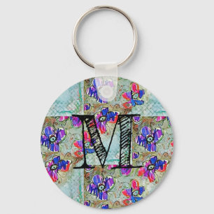 Purple and Blue Flowers Squares Zigzags Keychain