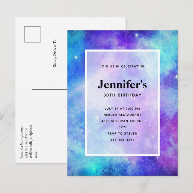 Purple and Blue Galaxy Space Abstract Birthday Invitation Postcard (Front/Back)