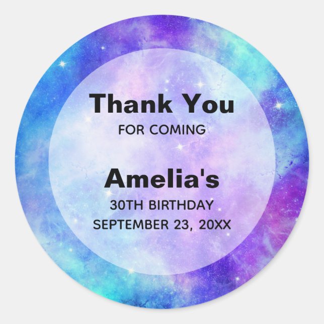 Purple and Blue Galaxy Space Party Thank You Classic Round Sticker (Front)