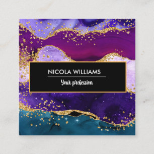 Purple and Blue Glitter Peacock Agate Square Business Card