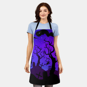 Purple and blue haunted graveyard Halloween Apron