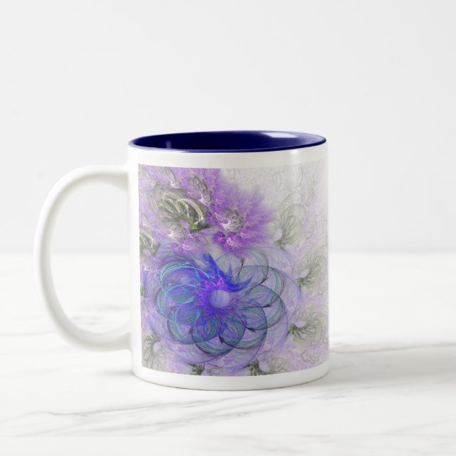 Purple and Blue Lacy Abstract Flower Design Two-Tone Coffee Mug (Left)