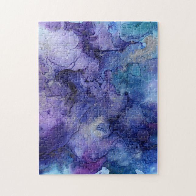 Purple and Blue Marbled Watercolor Monogrammed Jigsaw Puzzle (Vertical)