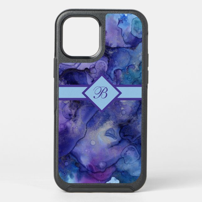 Purple And Blue Marbled Watercolor Monogrammed Otterbox iPhone Case (Back)