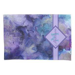 Purple and Blue Marbled Watercolor Monogrammed   Pillowcase