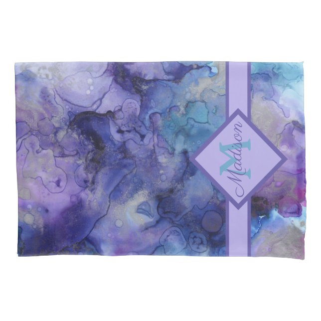 Purple and Blue Marbled Watercolor Monogrammed   Pillowcase (Front)