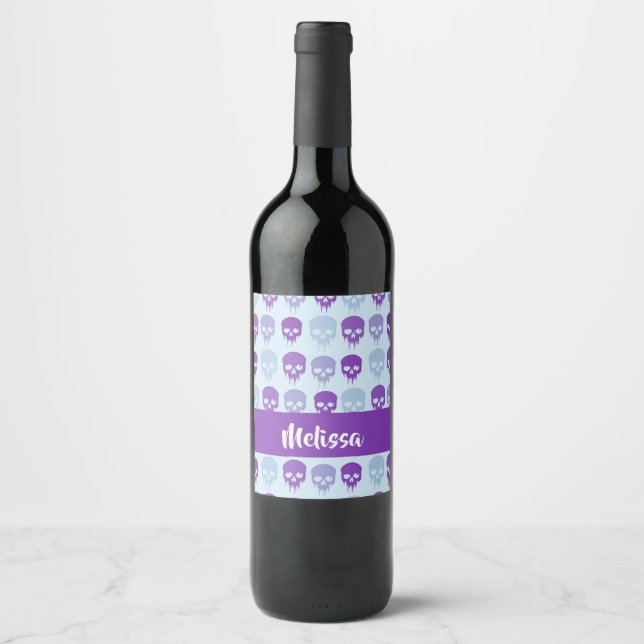 Purple and blue melting skulls pattern wine label (Front)