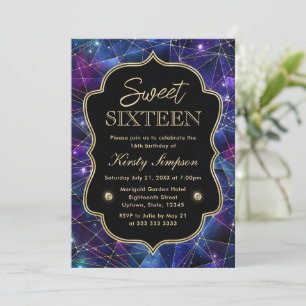 Purple and Blue Midnight Crystal Galaxy Sweet 16 Invitation