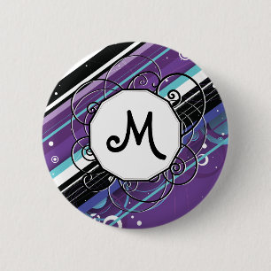 Purple and Blue Modern-Retro Stripes with Monogram 2 Inch Round Button