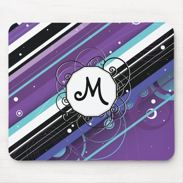 Purple and Blue Modern-Retro Stripes with Monogram Mouse Pad (Front)