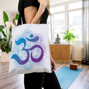 Purple and Blue Om Symbol Mandala Flower White Tote Bag