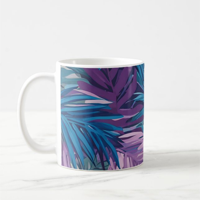 Purple And Blue Palm Leaf Tropical Pattern Coffee Mug (Left)