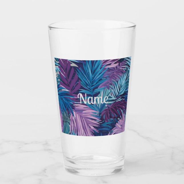 Purple And Blue Palm Leaf Tropical Print Glass (Front)