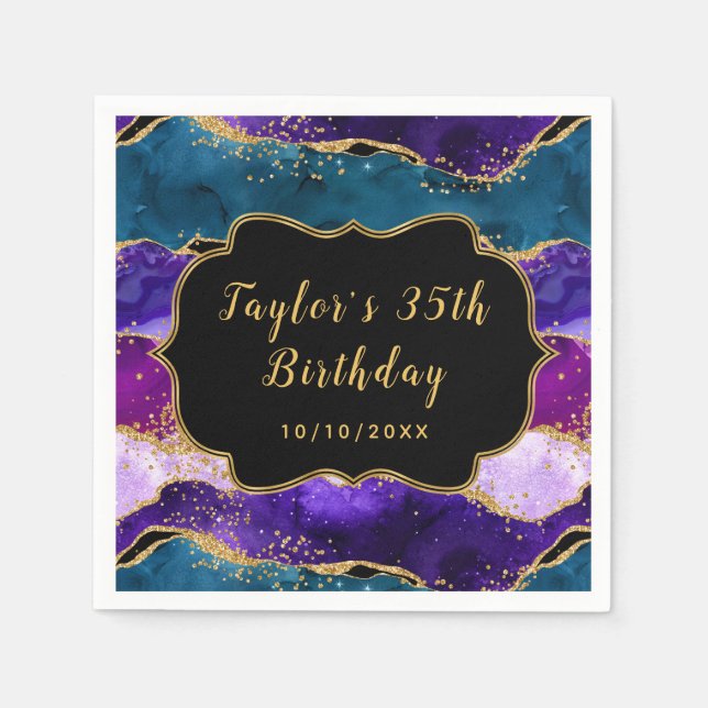 Purple and Blue Peacock Agate Birthday Napkin (Front)