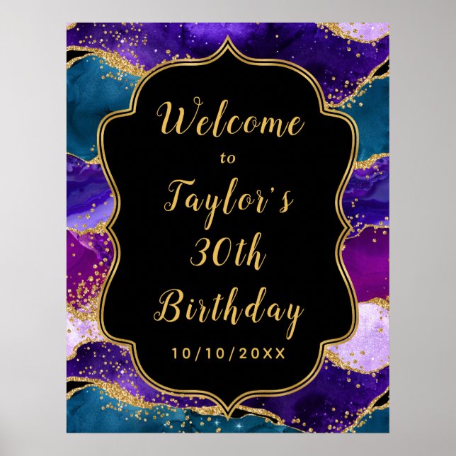 Purple and Blue Peacock Agate Birthday Welcome Poster (Front)