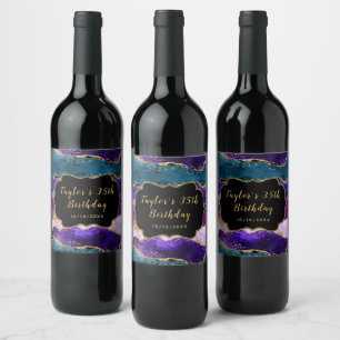 Purple and Blue Peacock Agate Birthday Wine Label