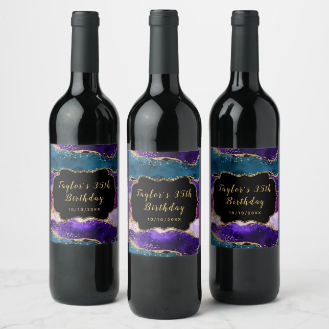 Purple and Blue Peacock Agate Birthday Wine Label (Bottles)