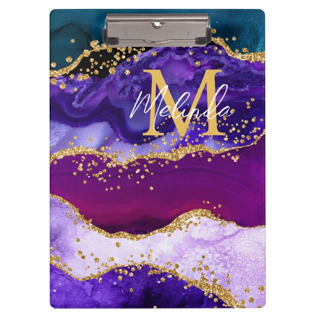 Purple and Blue Peacock Faux Glitter Agate Clipboard (Front)