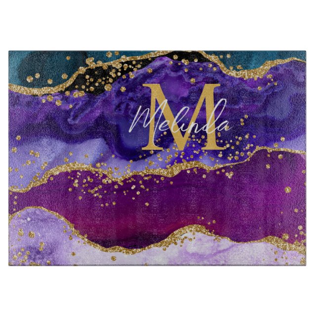 Purple and Blue Peacock Faux Glitter Agate Cutting Board (Front)