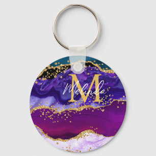 Purple and Blue Peacock Faux Glitter Agate Keychain