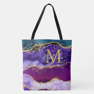 Purple and Blue Peacock Faux Glitter Agate Tote Bag