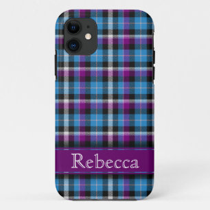 Purple and Blue Plaid with Customizable Name iPhone 11 Case