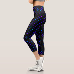 purple and blue polka dots on black capri leggings