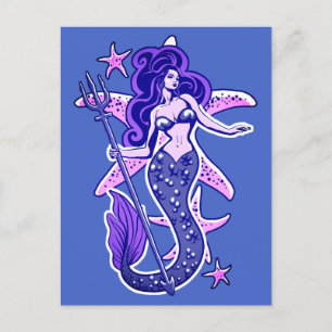 Purple And Blue Retro Pin-Up Mermaid Postcard