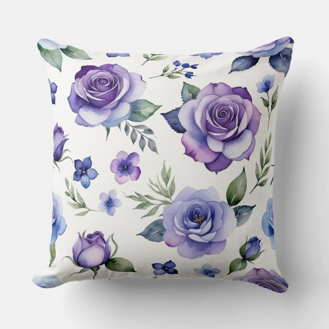 Purple and Blue Roses Throw Pillow (Front)