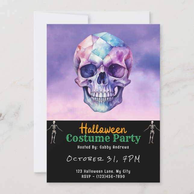 Purple and Blue Skull and Clouds Black Halloween Invitation (Front)