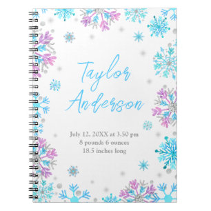 Purple and Blue Snowflakes Baby Birth Statistics Notebook