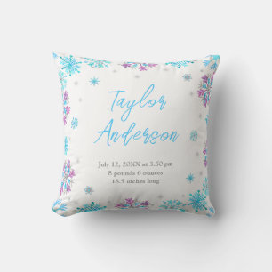 Purple and Blue Snowflakes Birth Stats Throw Pillow
